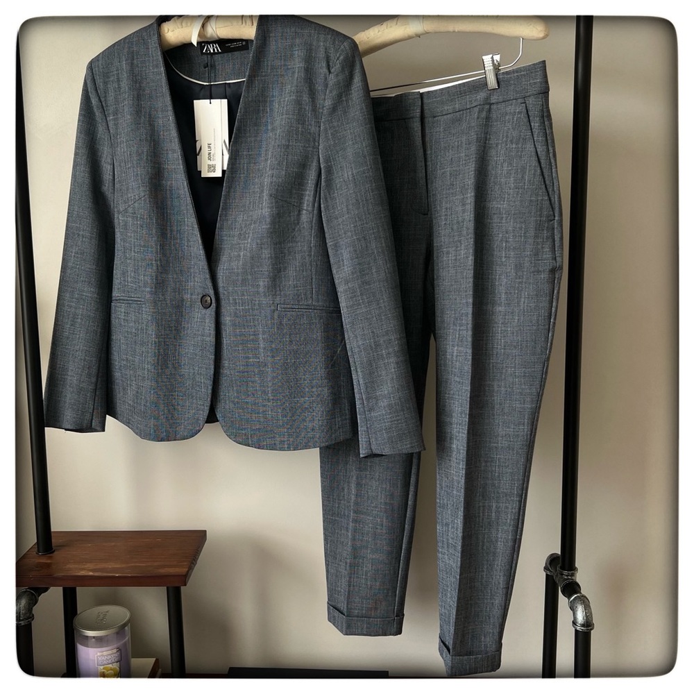 ZARA 2pc matching set textured lapel-less blazer and pants in  navy blue